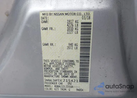 2018 Nissan Altima 2.5 Sv from USA, damaged, VIN 1N4AL3AP3JC215421